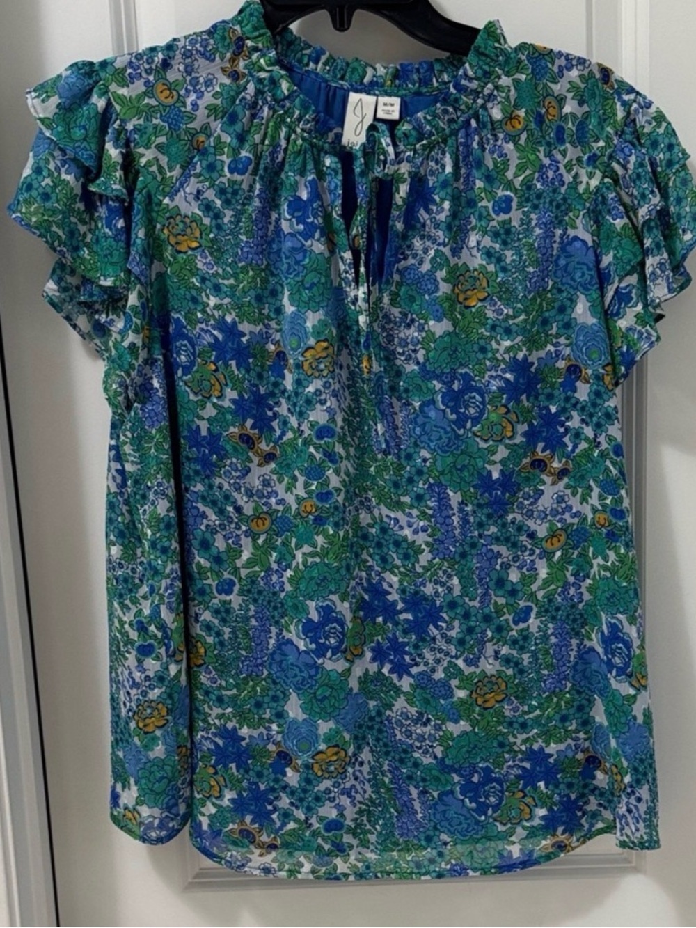 Joie Blue and Green Floral Ruffle Sleeve Blouse